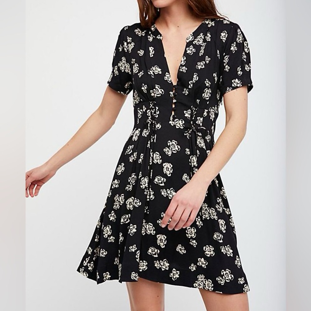 Free People Dream Girl Pocket Mini Button Dress in Carbon Black + Ivory Floral